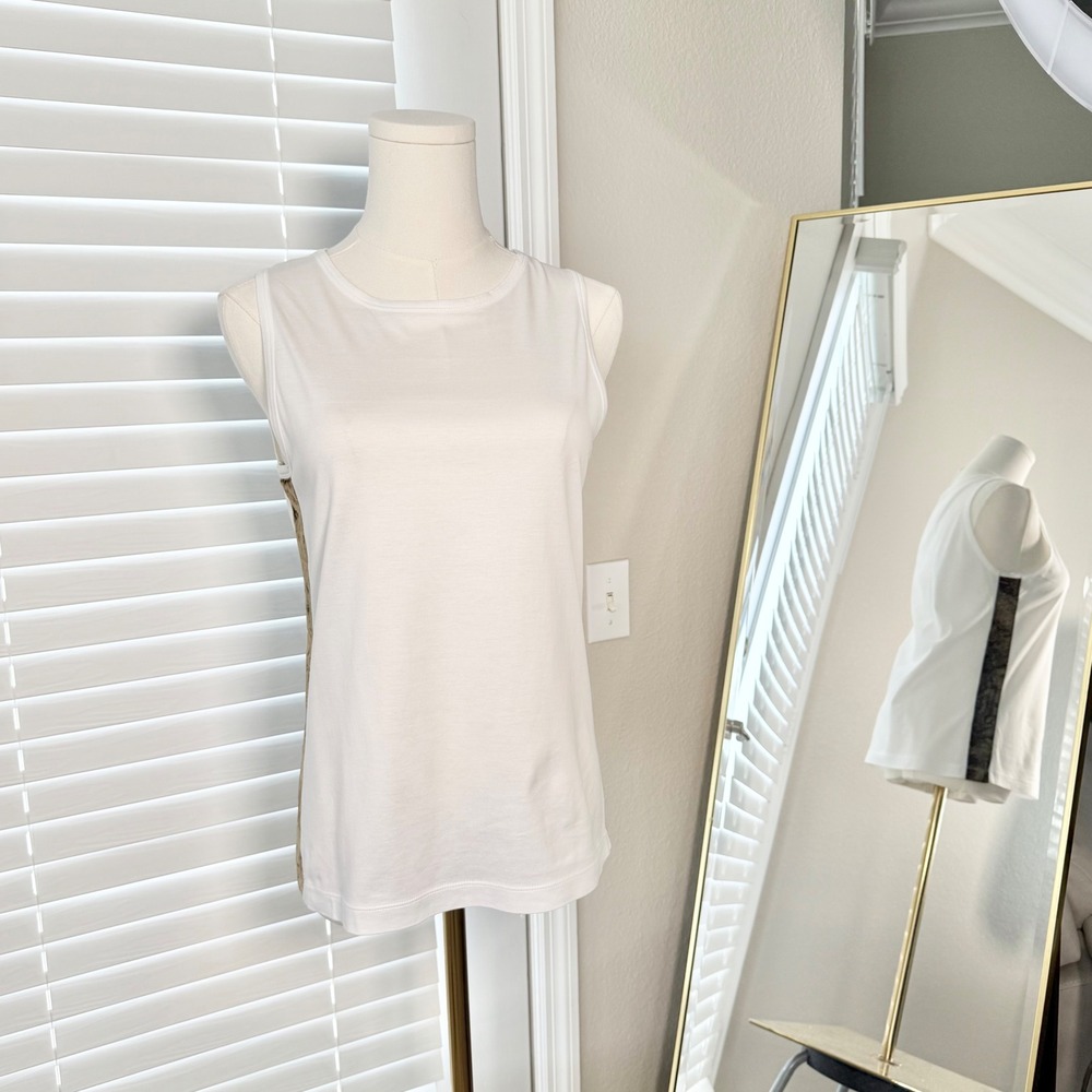 Vtg Pollini Tank Top White Cotton Velvet Side Panel Y2K EuroChic Minimalist Sz 6 - Picture 15 of 16